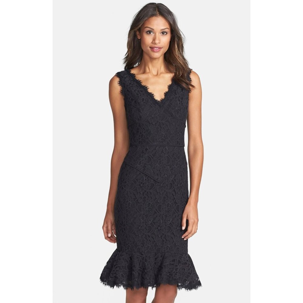 Nue by Shani Black Lace Vneck Tulip Hem Sheath Sleeveless Dress Size 8 NEW